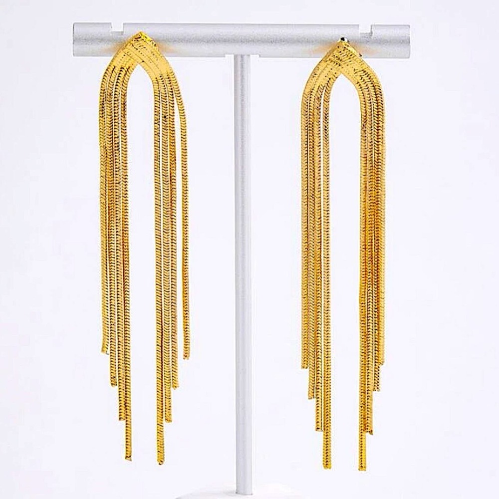 Gold Plated Double Chain Tassel Drop Dangle Earrings